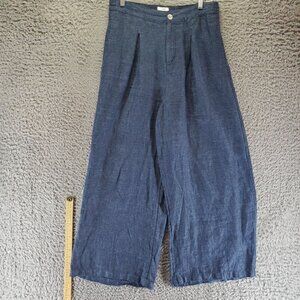 Halston Pants Womens 10 Blue Linen Wide Leg High Rise Zipper & Button Closure